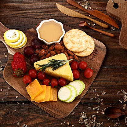 hecef Cheese Board set of 3,a Acacia Wood Cheese Plate, a Knife, a Fork, Charcuterie Board Platter Slate Serving Set for Appetizer Birthdays, Weddings, Housewarming (Cheese board with 2 knives) - size: Medium