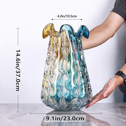 14.6" Tall Large Clear Glass Vase Wide Mouth, Pretty Hand Blown Glass Vase for Bouquet, Unique Teal and Amber Sea Vases for Modern High End Living Room, Office, Dining Table Centerpieces - size: Large
