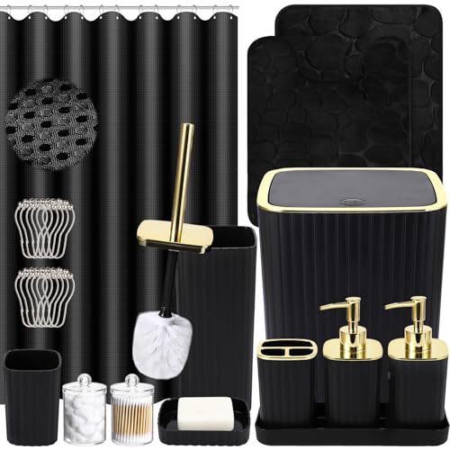 XLHOMO Bathroom Set with Shower Curtain and Rugs- 25PC Bathroom Accessory Set, Black Shower Curtain Set, Toilet Brush, Trash Can, Qtip Holder & Soap Dispenser - size: Bath Set+Shower Curtain+Rugs, style: Black&Gold