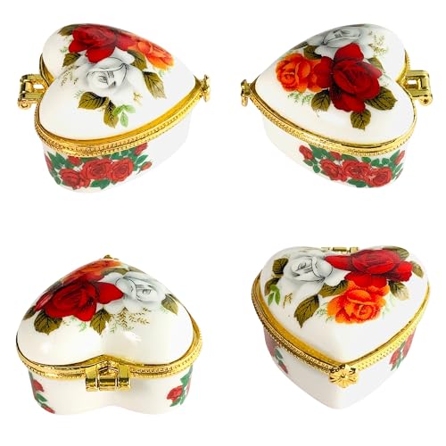 Tiny Heart Porcelain Trinket Box | Rose Bouquet | French Style Gift Box with Velvet Bag - style: Rose Bouquet Heart