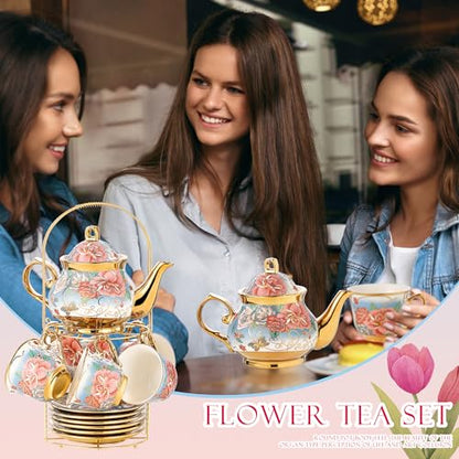 20 Pieces Porcelain Tea Set With Metal Holder, European Ceramic tea set for adults,Flower Tea Set,Tea Set For Women With Flower Painting (VIVID BLUE, Largr Vision) - color: VIVID BLUE