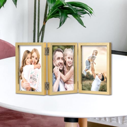 WUTL 3 Picture Frame Triple Collage 5x7 Frames with Real Glass Golden | Trifold Photo Frame, Hinged Foldable, Crystal Clear Real Glass - color: Gold, size: 5x7