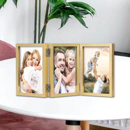 WUTL 3 Picture Frame Triple Collage 5x7 Frames with Real Glass Golden | Trifold Photo Frame, Hinged Foldable, Crystal Clear Real Glass - color: Gold, size: 5x7