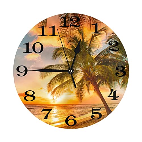 Palm Tree and Tropical Beach Wall Clock Battery Operated Silent Round Clock Sunset Over the sea Wall Decor for Home Office School, 12 Inch - color: Sunset on the Beach, size: 12 Inch