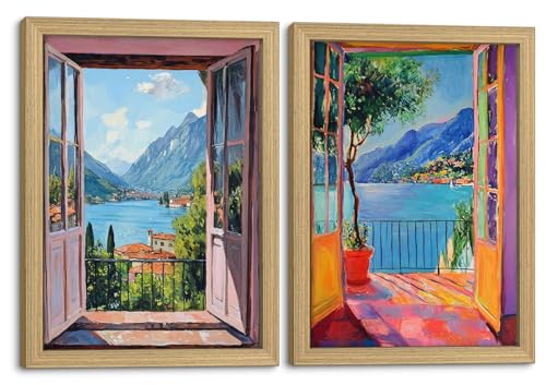 Framed Open Window Lake Landscape Canvas Wall Art 2Pcs 12x16 Inch | Scenery Painting Prints Picture Poster Ready To Hang European Nature Decor for Living Room Bedroom Entryway Foyer Office - color: Open Window 010, size: 16L" x 12W"