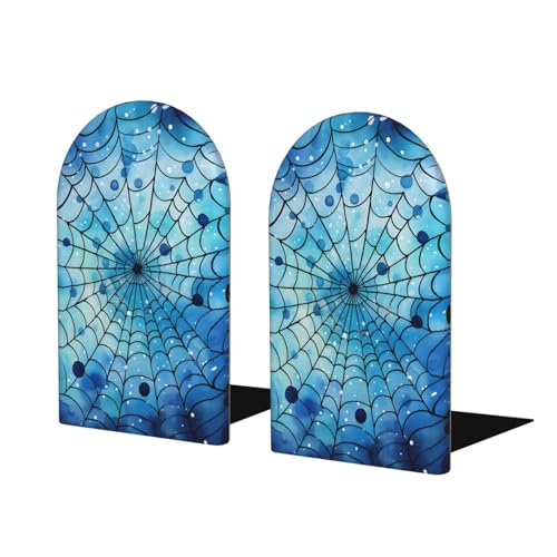 Blue Spider Web Wooden Bookends for Shelves Decorative Book Ends Universal Book Organizer Holder for Office, Heavy Books, Vinyl Records - color: Blue Spider Web