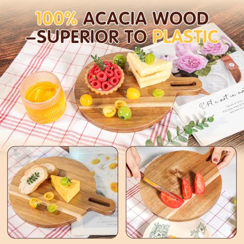Mini Acacia Wood Round Cutting Board with Handle, Wooden Kitchen Prep Board, Small Chopping Board for Fruit Vegetables Meat Bread Multipurpose Pizza Cheese Serving Tray for Restaurant & Party