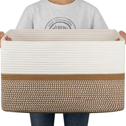 OIAHOMY Blanket Basket Laundry Basket Dog Toy Basket 75L Yellow/White | Large Storage Basket,Baby Basket,Toy Storage,Woven Rope Basket for Blankets,Blanket Storage for Living Room - color: Yellow White, size: 22”x17”x12”