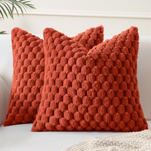 MIULEE Fall Rust Faux Fur Decorative Throw Pillow Covers 18x18 Inch Set of 2 Super Soft Cozy Plush Cushion Cases Luxury Fluffy Pillowcases for Sofa Couch Bed Living Room - color: Rust, size: 18" x 18" (Pack of 2)