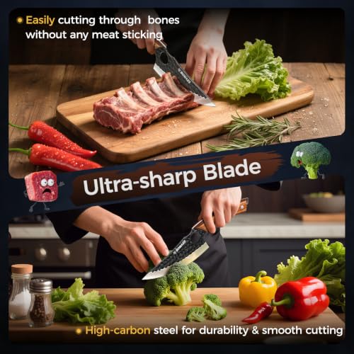 3PCS Butcher Knife Set, Hand Forged Kitchen Chef Knife Set Gift | Meat Cleaver Knife Viking Boning Knife for Home, Outdoor Camping BBQ High Carbon Steel Japanese Knives, Gift for Men Father - size: 6.7"