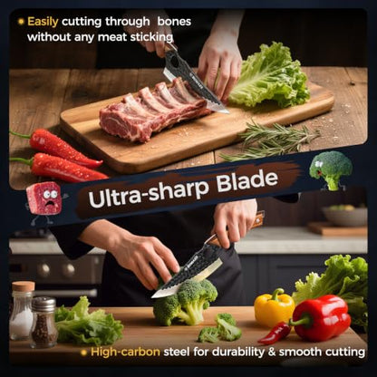 3PCS Butcher Knife Set, Hand Forged Kitchen Chef Knife Set Gift | Meat Cleaver Knife Viking Boning Knife for Home, Outdoor Camping BBQ High Carbon Steel Japanese Knives, Gift for Men Father - size: 6.7"