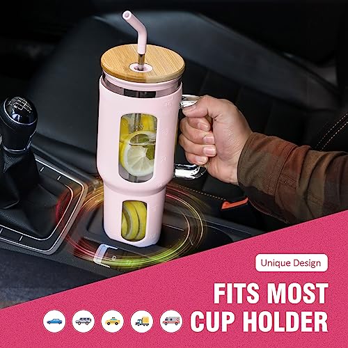 WINSA Glass Tumbler with Lid and Straw, 46 oz, Cotton Pink | Iced Coffee Cup with Handle, Large Water Bottle with Silicone Sleeve, Pearl Straw & Drinking Straw, BPA Free - color: CottonPink, size: 46 Ounces