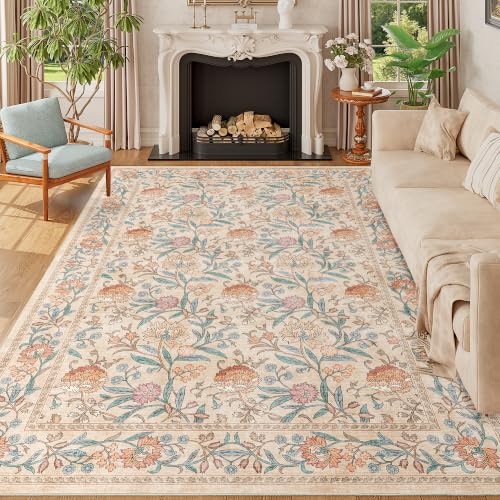 DUKINO 6x9 Area Rug, Vintage Floral Washable Rugs for Living Room, Beige | Non Slip, Low Pile, Non-Shedding, Stain Resistant Soft Large Carpet for Bedroom Home Office Dining Room Farmhouse, Home Decor - color: Beige Peach, size: 6' x 9' (Rectangular)