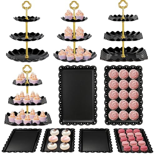 Kootek 10pcs Cupcake Stand Dessert Table Display Set Serving Tray for Party | 3-Tier Cupcake Stand, 6 Rectangular Trays, Hold 128 Standard Cupcakes, Cookie Display, BPA-Free, No Tools Required, Hand Wash - color: Gold & Black, size: 10 Set