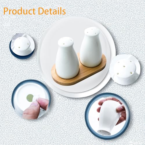 Ceramic Salt and Pepper Shakers Set with a Bamboo Tray,Farmhouse White Salt Shaker for Cooking,Travel,BBQ, Kitchen and Resturant Decor Set of 2