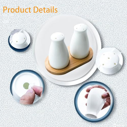 Ceramic Salt and Pepper Shakers Set with a Bamboo Tray,Farmhouse White Salt Shaker for Cooking,Travel,BBQ, Kitchen and Resturant Decor Set of 2