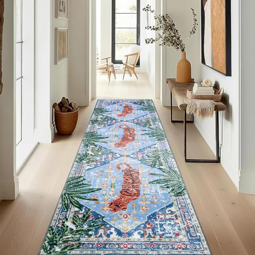 Oriental Tropical Hallway Runner Rug 2x6 Washable, Thin Stain Resistant Blue Boho Runner Rug for Entryway Kitchen Bedroom Laundry, Vintage Abstract Hippie Indian Botanical Long Floor Carpet - color: Blue, size: 2' x 6'