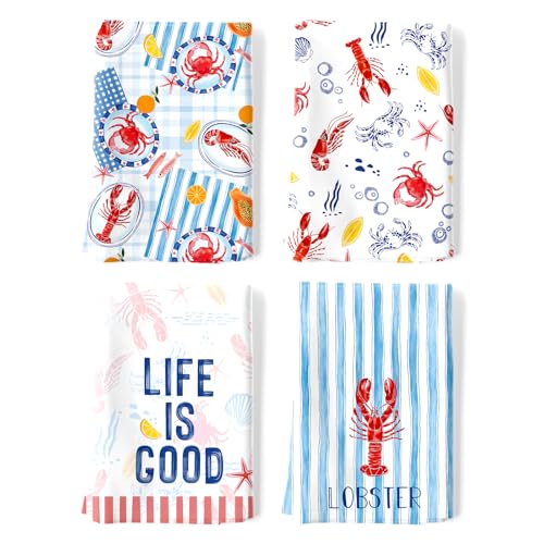 Lobster Lemon Tea Towels, 100% Cotton Kitchen Towels, Set of 4 | 18.9 x 27.5 in / 48 x 70 cm, Lightweight Woven Dish Cloth with Lobster Lemon Print for Summer Kitchen Decor, Hostess Gift - color: Lobster
