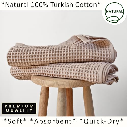 PÜSKÜL 2-Piece Natural 100% Turkish Cotton Waffle Bath Towels Extra-Large | Beige, 32x63" Bath Sheet Towel, Light Soft Absorbent Quick-Dry Lint-Free Premium Honeycomb Weave Oeko-Tex Made in Turkiye - color: Beige