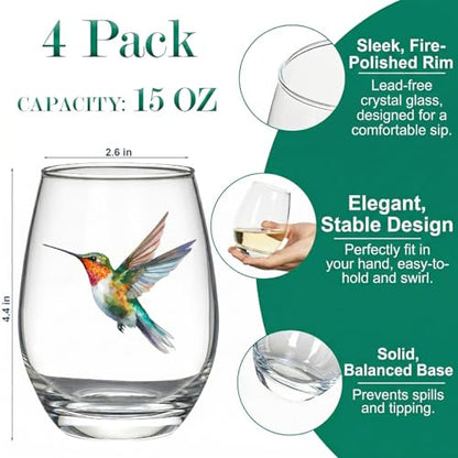 Hummingbird Stemless Wine Glasses Set of 4, Hummingbird Lovers Gifts for Women, Bird and Outdoor Lovers, 15oz Wine Glasses Gifts for Women, Floral Garden Lovers, Forest Birds Hummingbird Decor
