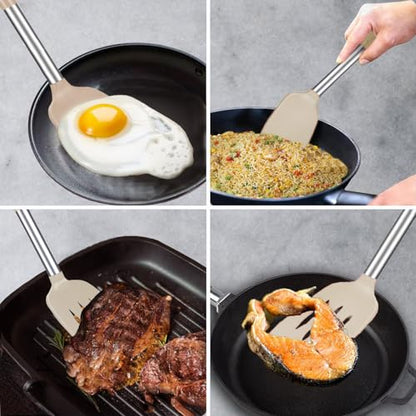 Silicone Spatula and Cooking Spoon,5 Pack Non-Stick Cooking Utensils for Kitchen，Heat Resistant Solid & Slotted Spoons and Spatulas, Stainless Steel Handle Coated with Silicone, Khaki - color: Khaki