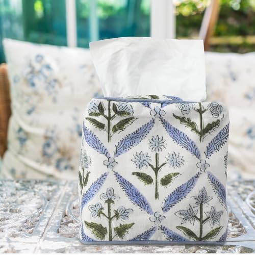 Blue Fabric Tissue Box Cover - Floral Print Tissue Box & Decorative Square Napkin Holder Handmade Cotton for Home Bedroom Vanity Countertop Night Stands Office - style: Blue