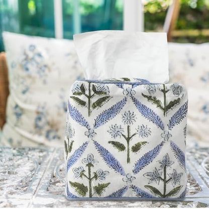 Blue Fabric Tissue Box Cover - Floral Print Tissue Box & Decorative Square Napkin Holder Handmade Cotton for Home Bedroom Vanity Countertop Night Stands Office - style: Blue