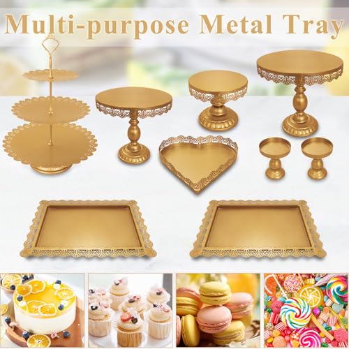 Set of 9 Cake Stands Metal Cupcake Stand Set Multiple Styles Candy Fruit Display Tower Dessert Plate Cake Serving Tray for Birthday Party Wedding Anniversary Baby Shower Engagement (Gold) - color: Gold