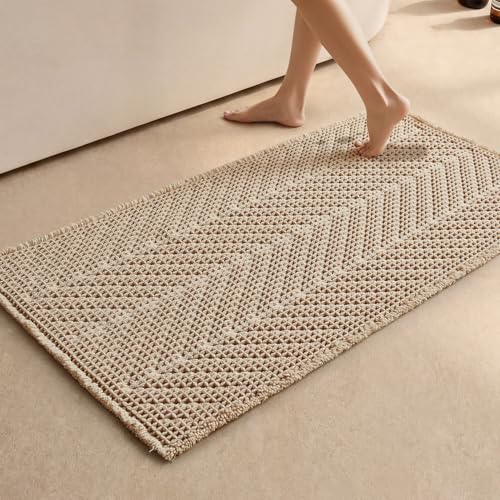 Sunfly Waffle Bath Mat, Boho Bath Rugs for Bathroom Floor Super Absorbent & Quick Dry, Non-Slip Washable Bath Mat with Tassels, Ultra Soft Farmhouse Bathroom Decor 24"*48" Beige - color: Beige, size: 2' x 4' (Rectangular)