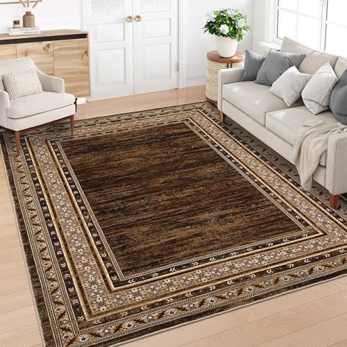 Modern Solid 8x10 Area Rugs for Living Room Washable Non Slip Neutral Rugs, Stain Resistant Bordered Soft Carpet, Neutral Foldable Floor Rugs for Bedroom, Dining Room, Nursery, Red Brown | Non Slip Low Pile Stain Resistant Neutral Bordered Soft Foldable R