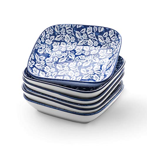 Selamica Porcelain 8-inch Square Dinner Plates, Salad Pasta Bowls, Set of 6, Vintage Blue - color: Vintage Blue