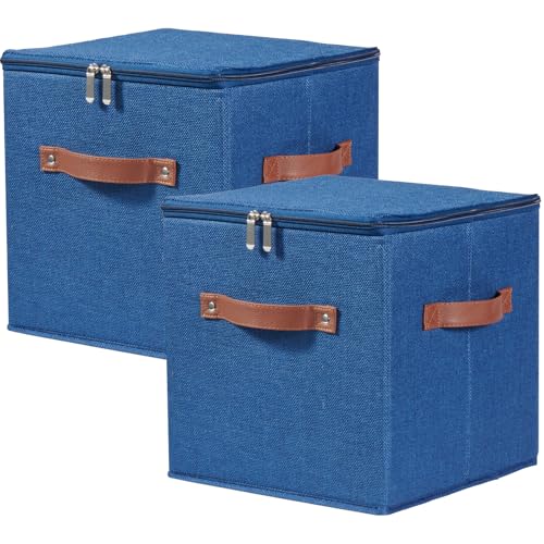 2PCS Storage Cubes with Lids Cotton Linen Fabric Bins Boxes | Decorative Foldable Washable Closet Shelf Organizer Clothes Container with PU Leather Handles, Zipper Lid, Deep Blue, 11in - color: Deep Blue ( Zipper Lid ), size: Set of 2 ( 11 in )