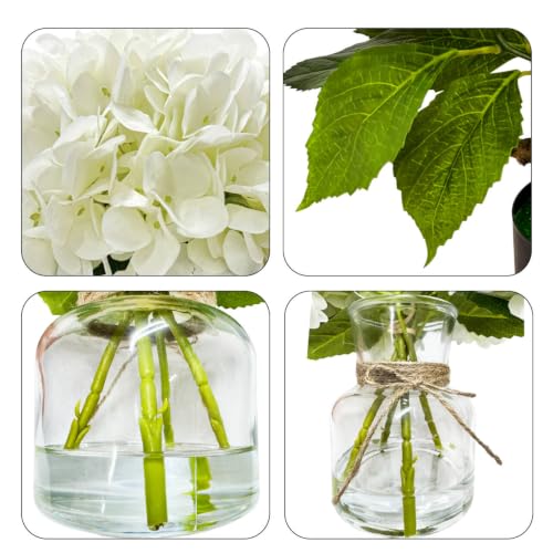 Sumery Hydrangea Artificial Flowers with Vase White Silk Fake Flowers Arrangements in Glass Vase with Faux Water for Home Decor, Wedding, Bathroom, Shelf Decorations, Coffee Table (1, White, 11.8in)