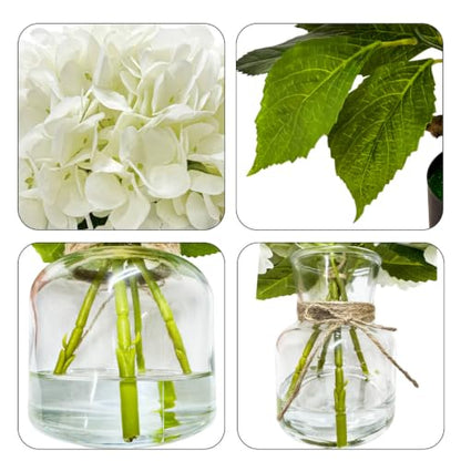 Sumery Hydrangea Artificial Flowers with Vase White Silk Fake Flowers Arrangements in Glass Vase with Faux Water for Home Decor, Wedding, Bathroom, Shelf Decorations, Coffee Table (1, White, 11.8in)