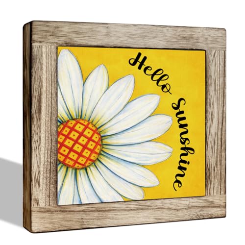 Hello Sunshine Wooden Sign, Rustic Daisy Floral 5.9x5.9 Inch Wooden Plaque, Summer Seasonal Decor for Porch, Yard, and Home - color: Summer 14