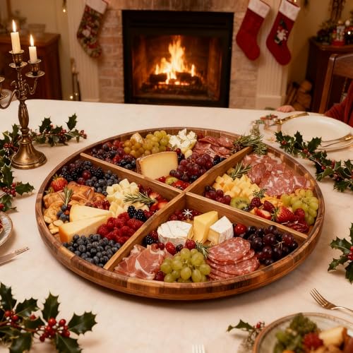 Utoplike Extra Large Acacia Serving Tray, Rotating 23.6'' Charcuterie Board | Cheese Board with Rotating Base, Raised Edge, Removable Dividers, Turntable Organizer Tray for Food, Snacks, Party, Dining - size: 23.6"