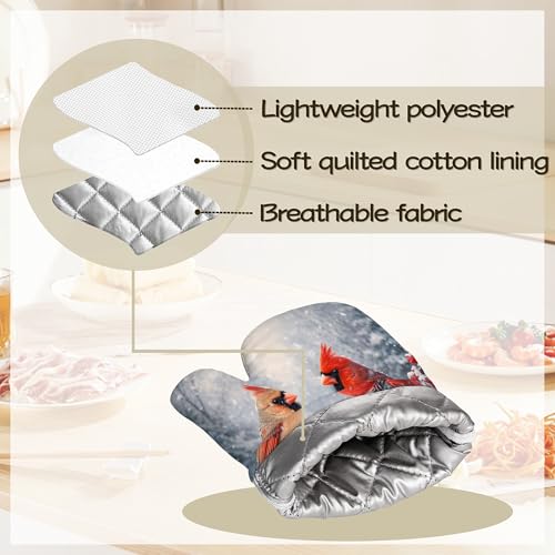 Winter Cardinal Bird Oven Mitts and Pot Holders Sets Silicone Kitchen Mitts Potholders Heat Resistant 4Pcs Oven Gloves Hot Pads for Kitchen Baking Cooking - color: Winter Cardinal Bird