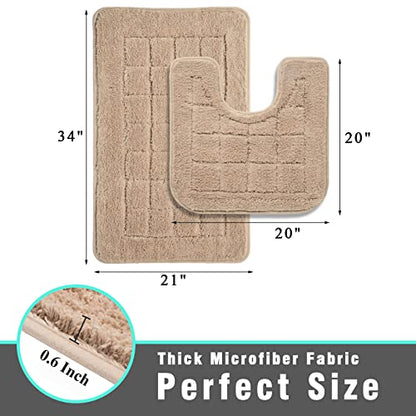 HEBE Bathroom Rug Set 2 Piece, Non Slip Washable Microfiber Bath Mat Set | Super Soft Absorbent Bathroom Mats, Fluffy Bath Rug with U-Shaped Contour Toilet Mat Set for Tub, Shower, Beige