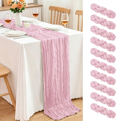 10 Pack Light Pink Cheesecloth Table Runner, 17x108 Inch Semi Sheer Boho Gauze Cheese Cloth Fabric Table Runners for Wedding Party Baby Shower Birthday Garden Farmhouse Table Decor - color: Light Pink, size: 10 Pack