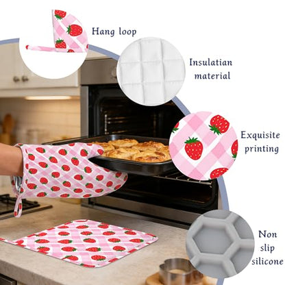 Cute Strawberry Pot Holders and Oven Mitts Set Silicone Pink Check Plaid Kitchen Gloves Potholders Heat Resistant Washable,Chef Cooking Baking Gifts for Women Men Bakers Lover Cooks - color: Cute Strawberry,pink Check Plaid