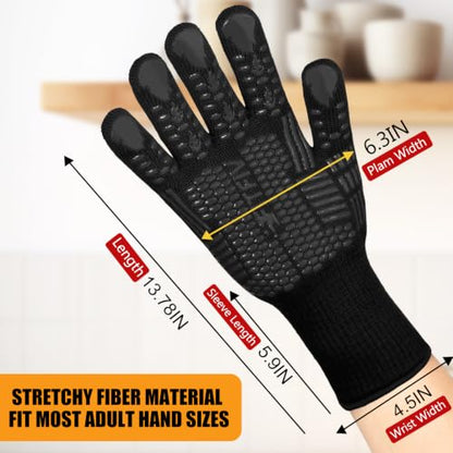 BBQ Gloves, 1472°F Heat Resistant with Silicone Grip Oven Mitts | Non-Slip Grip, for BBQ, Grilling, Oven, Smoker, Cooking and Baking - color: Black, size: Long (Glove L 13.78" × Palm W 6.33")