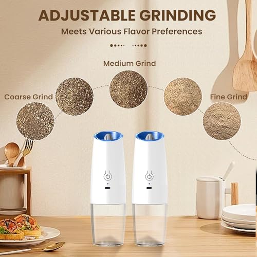 Rechargeable Gravity Salt Pepper Grinder Set, 2 Pack (White) | Gravity Automatic Grinder With LED Light & Adjustable Roughness, Rechargeable Seasoning Tool For Kitchen Use - color: Rechargeable/Set/White