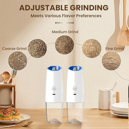 Rechargeable Gravity Salt Pepper Grinder Set, 2 Pack (White) | Gravity Automatic Grinder With LED Light & Adjustable Roughness, Rechargeable Seasoning Tool For Kitchen Use - color: Rechargeable/Set/White