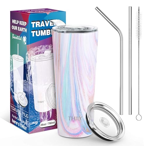 THILY Tumbler Stainless Steel Coffee Cup 26 oz Triple-Insulated Travel Mug with Splash-Proof Lid, for Ice Drinks and Hot Beverage Smoothies Cup, Pink Ripple - color: Pink Ripple, size: 26 Ounce (Pack of 1)