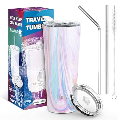 THILY Tumbler Stainless Steel Coffee Cup 26 oz Triple-Insulated Travel Mug with Splash-Proof Lid, for Ice Drinks and Hot Beverage Smoothies Cup, Pink Ripple - color: Pink Ripple, size: 26 Ounce (Pack of 1)