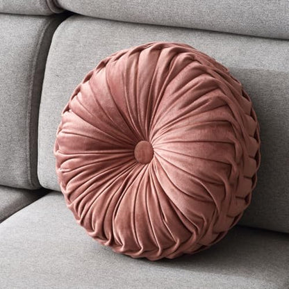 Round Throw Pillow Velvet 1 Pcs 14.17" Home Decoration Pleated 3D Pumpkin Pillow Cushion for Couch Chair Bed Car (Rose Pink)