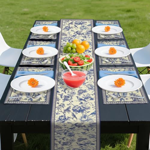 WADORN Navy Blue Bird Flower Table Runner and Placemats Set of 6, Rustic Chinoiserie Sketch Floral Washable Kitchen Dinning Table Decoration Seasonal Spring Summer Dining Settings for Home Kitchen - size: Navy Blue Bird Flower