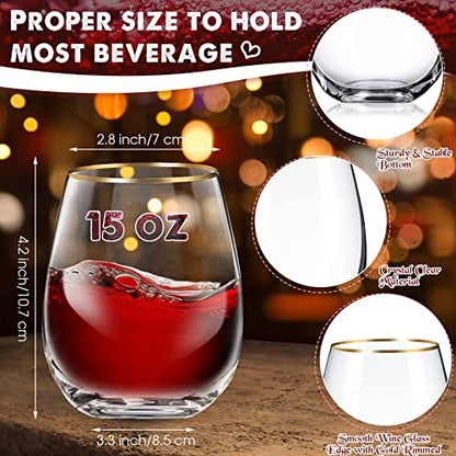 Mimorou Stemless Wine Glasses & Gold Rim, Set of 8, 15 oz Red Wine Glasses | Gold Rimmed, Elegant Style, Stable Base Prevents Tipping, for Wedding Party Events or Daily, as a Housewarming Gift