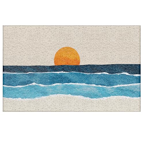 Boho Door Mat, Abstract Boho Sunrise Sunset Blue Ocean Beach Doormat Non-Slip for Front Door Porch Indoor Outside Entrance Entryway, Mid Century Modern Coastal Welcome Mat, 17x30 Inch - color: Boho-02