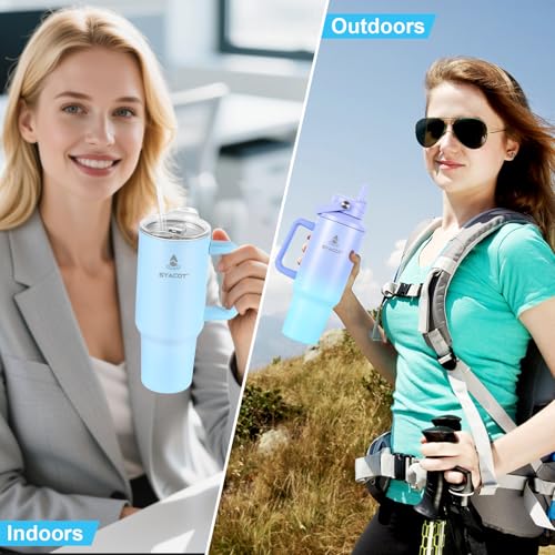 40 oz Tumbler with Handle and Straw or Convert to 40 oz Insulated Water Bottle Fits in Cup Holder. Stainless Steel Metal Water Flask with 2 Lids for Travel,Camping,Gym Sports Coffee Mug Thermal Cup - color: LakeBlue